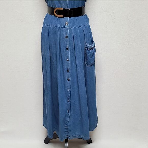 VINTAGE 1970s Talbots Mid Wash Oversized Button Up Belted Bow Denim Dress Medium - Picture 8 of 15